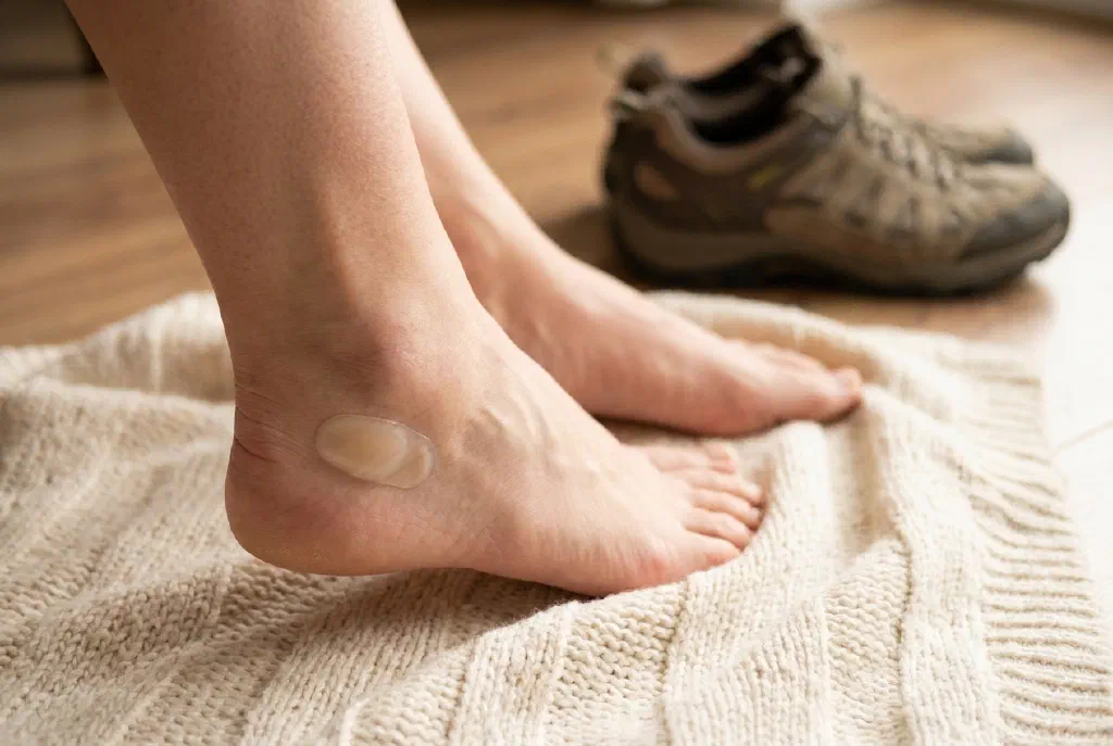 Cận cảnh bàn chân với miếng dán chống phồng rộp ở gót chân