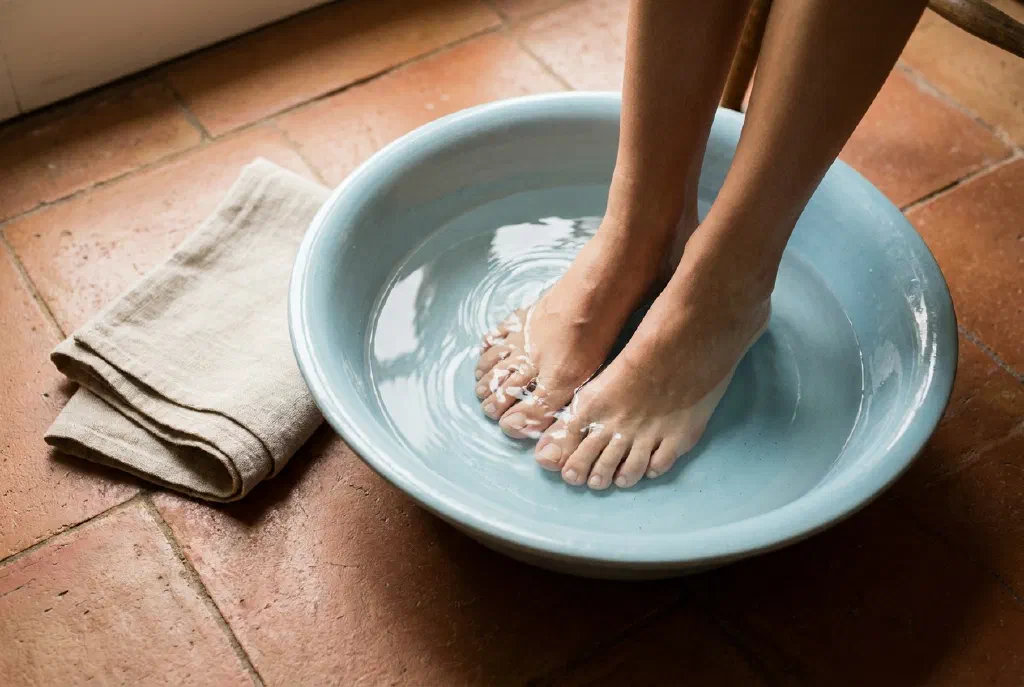 Bare feet are placed into a cooling foot bath for relief