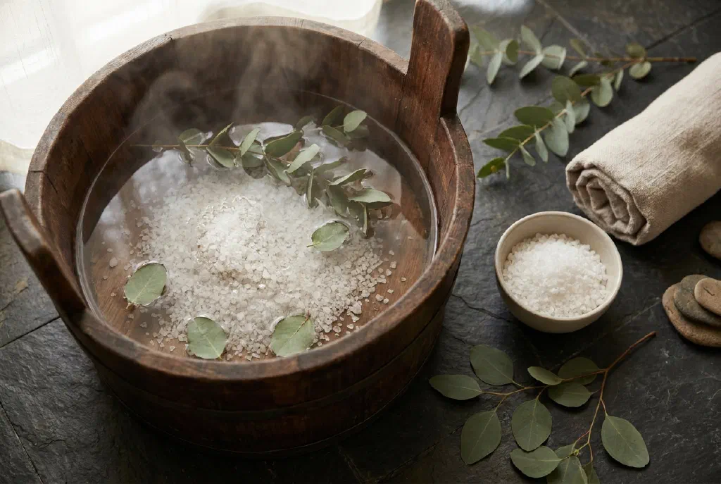 Đôi chân trong một chậu nước ấm với muối tắm