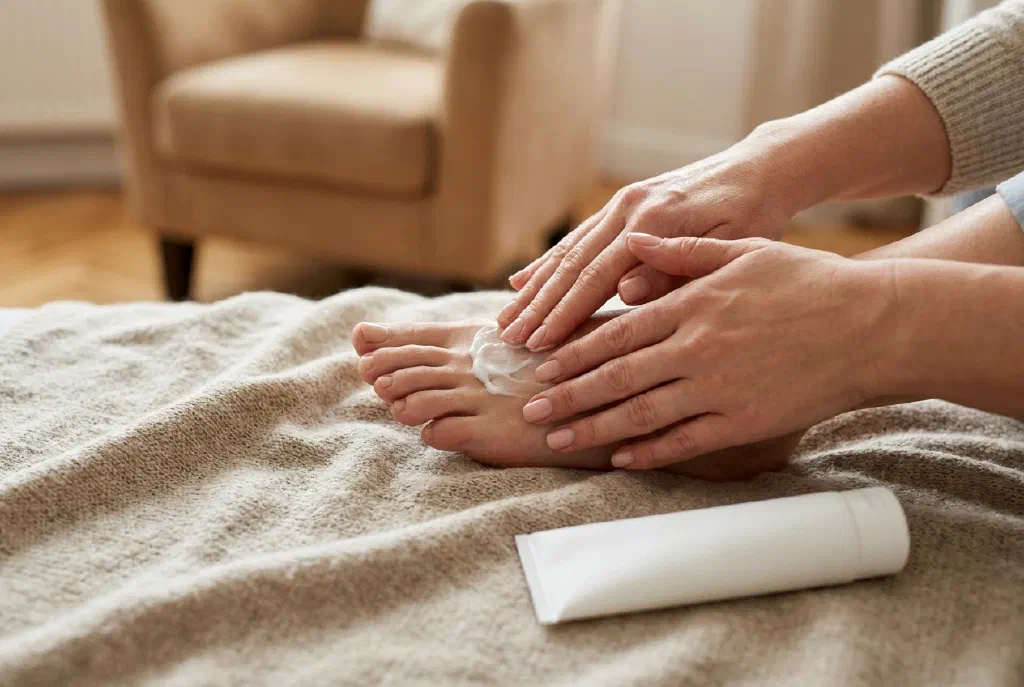 Đôi tay thoa kem dưỡng lên một bàn chân được chăm sóc kỹ lưỡng