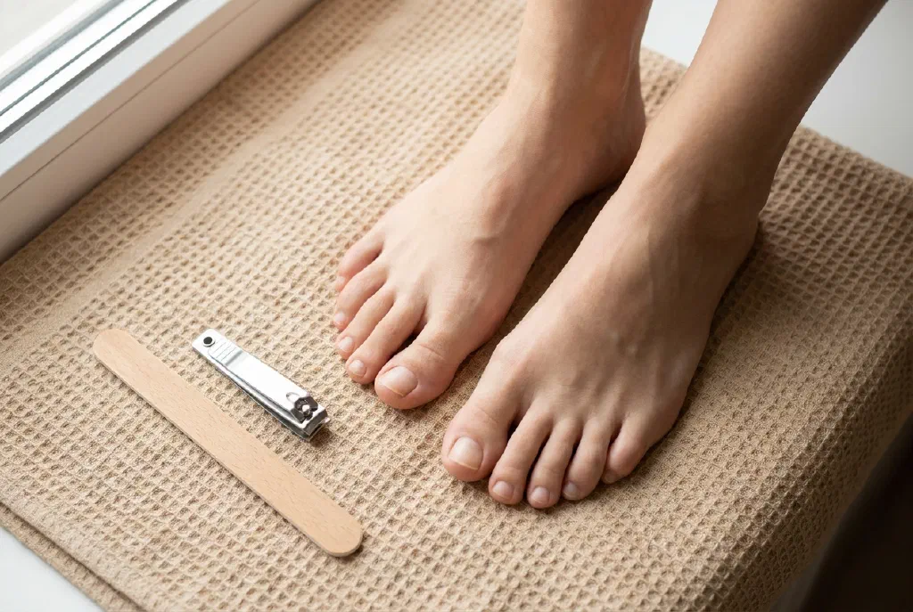 Đôi chân được chăm sóc với móng chân cắt thẳng trên nền sáng