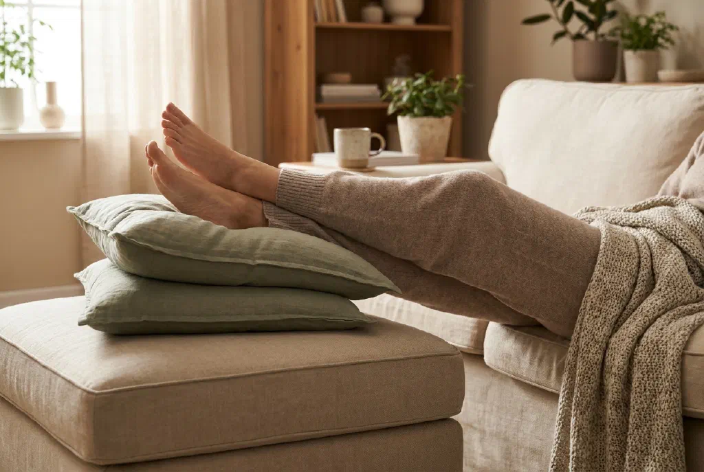 Nackte Füße auf einem Hocker hochgelagert zum Abschwellen