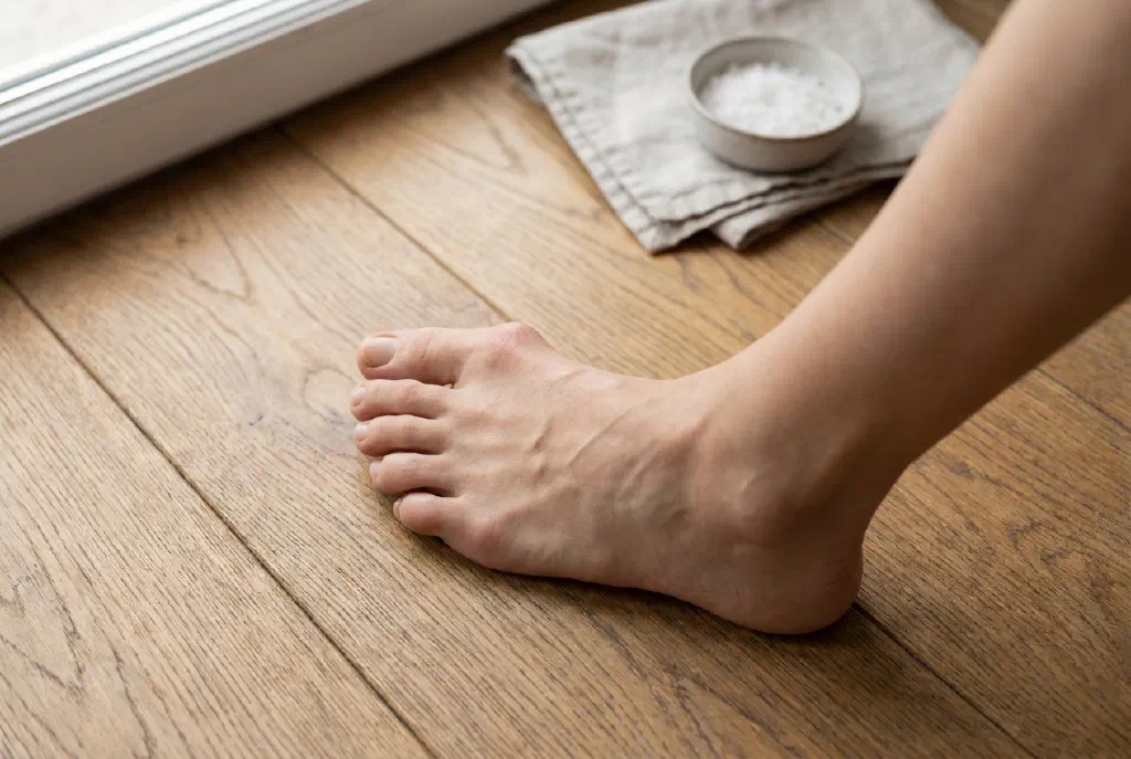 Foot with a protruding bunion caused by hallux valgus