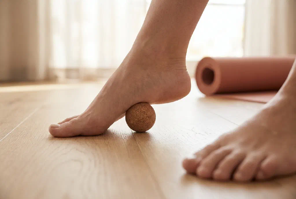 Person dehnt die Fußsohle mit einem kleinen Ball zur Linderung bei Plantarfasziitis