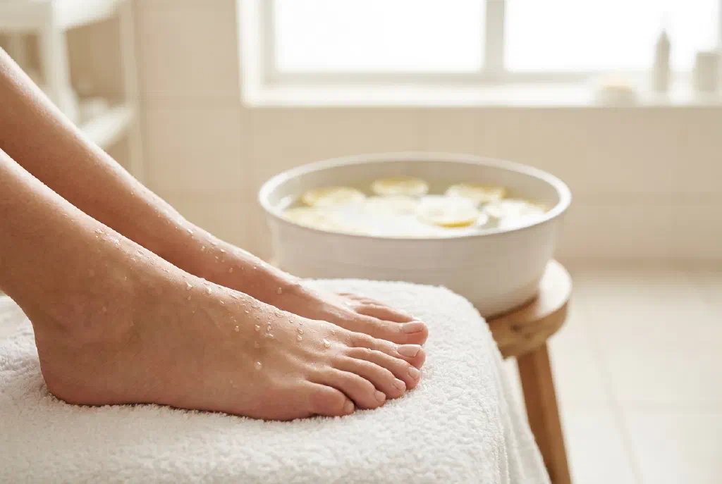 Bare feet on a towel after a refreshing foot bath