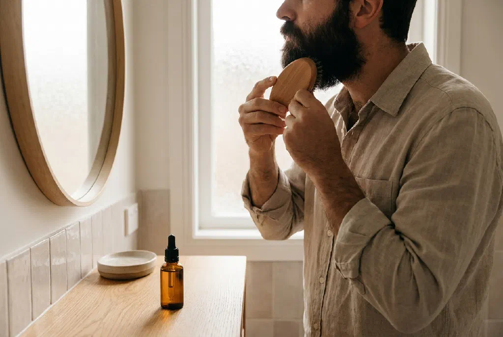 Man grooming his full beard with beard oil and a brush in front of the mirror