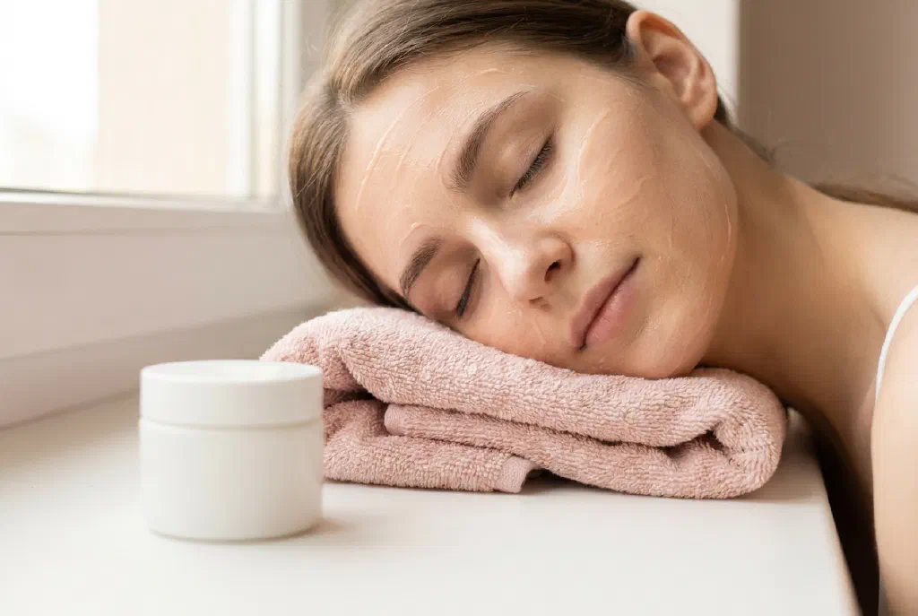 Thoa lớp tẩy tế bào chết enzyme dạng kem lên làn da mặt được chăm sóc kỹ