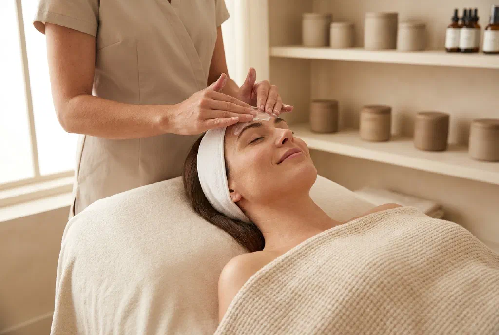 Woman lying relaxed during a professional facial treatment at the beauty salon