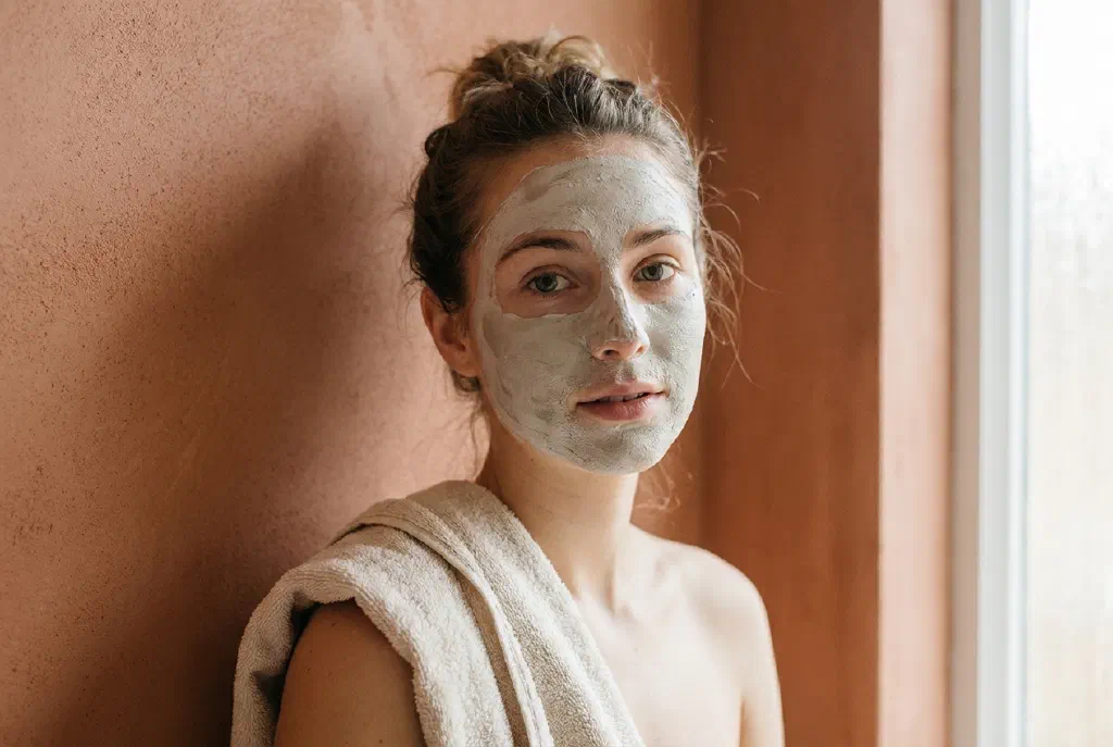 Woman with a face mask applied during her skincare routine