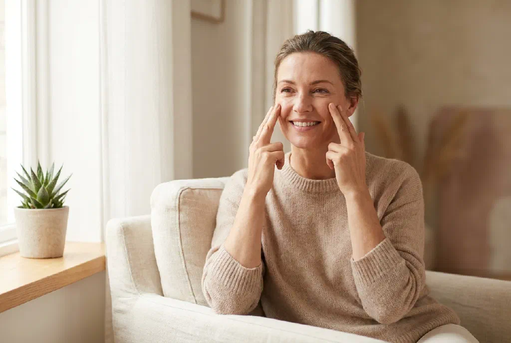 Woman performing a face yoga exercise with her fingers on her cheeks