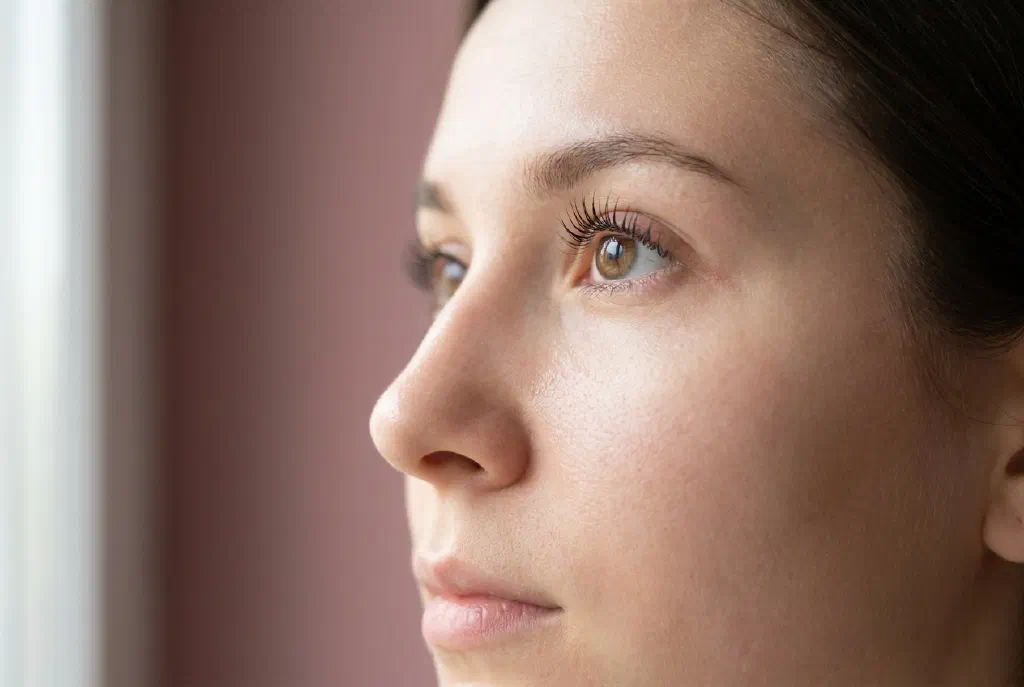 Lifted and tinted lashes with an upward curve after a lash lift