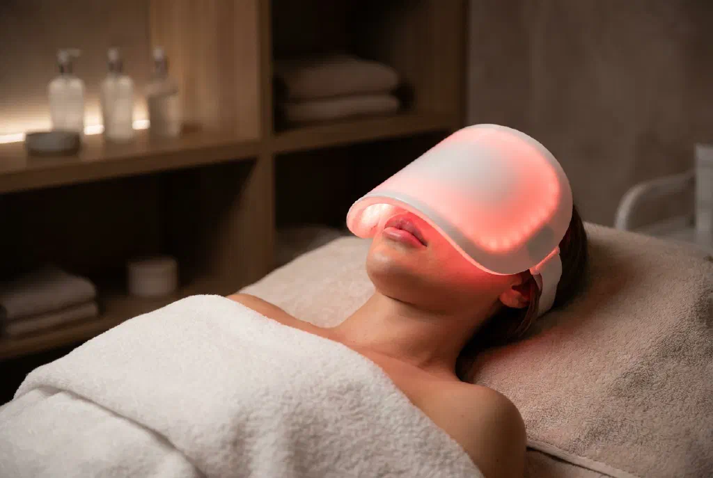 Phụ nữ đeo mặt nạ ánh sáng LED trong một buổi chăm sóc da mặt tại thẩm mỹ viện