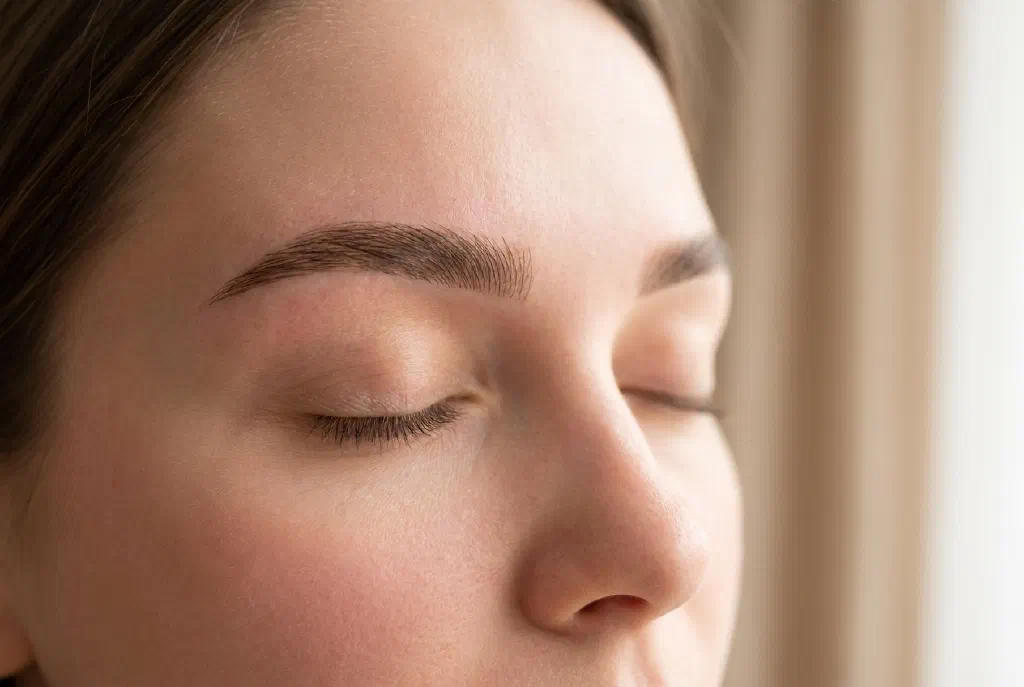 Augenbrauen nach einer Microblading-Behandlung mit feinen gezeichneten Härchen