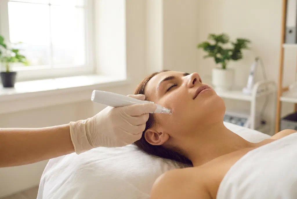 Microneedling-Behandlung mit feinen Nadeln im Gesicht