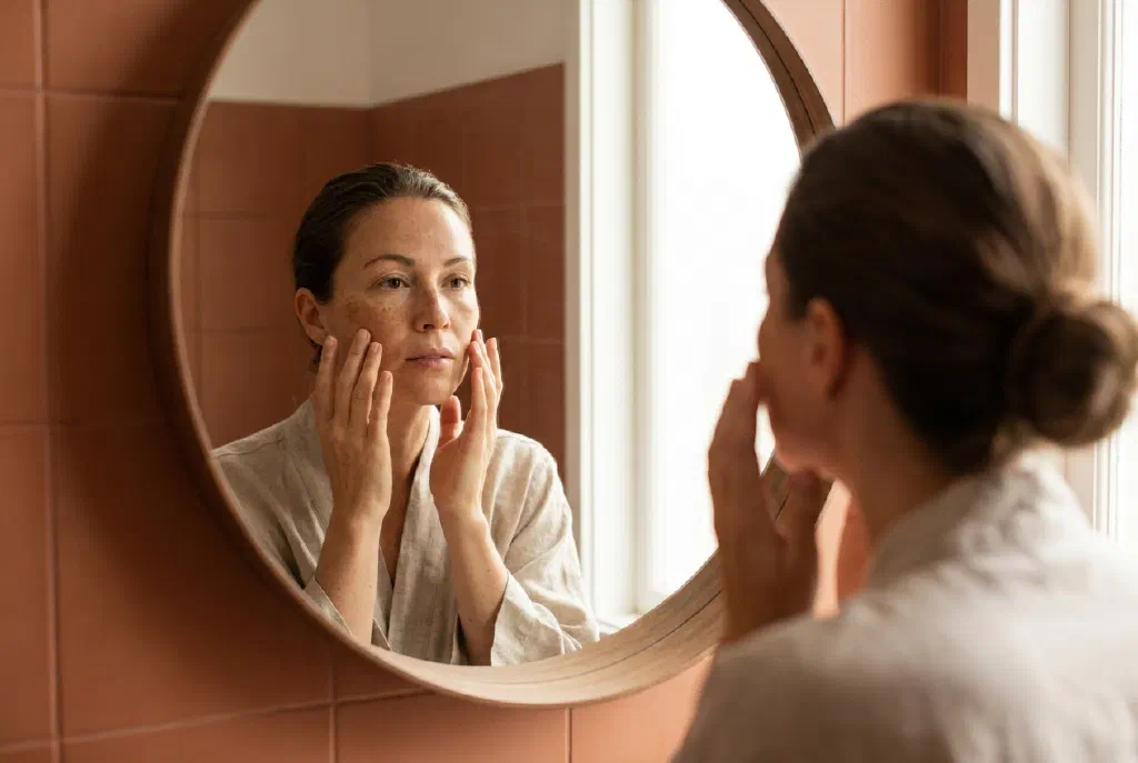 Woman looking at her skin with pigment spots on her face in the mirror