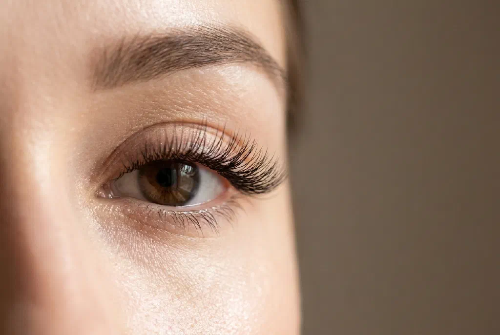 Auge mit langen, dichten Kunstwimpern nach einer Wimpernverlängerung in Großaufnahme