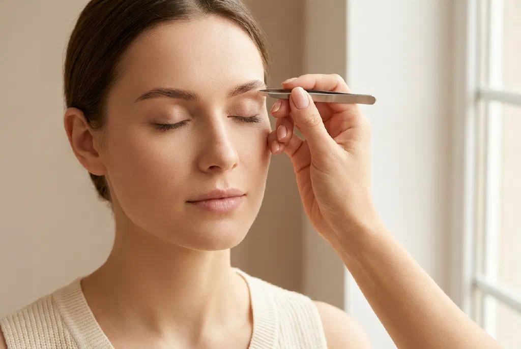 Eyebrows being shaped with tweezers