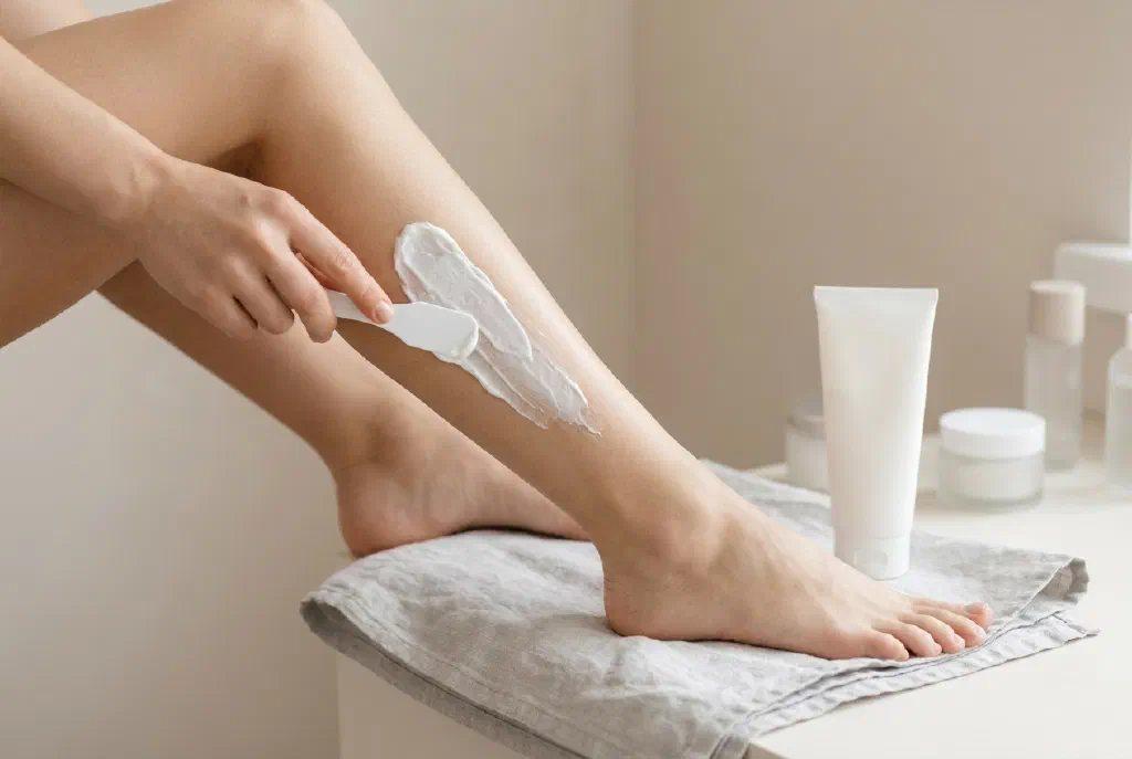 Thoa kem tẩy lông màu trắng lên chân bằng một chiếc spatula