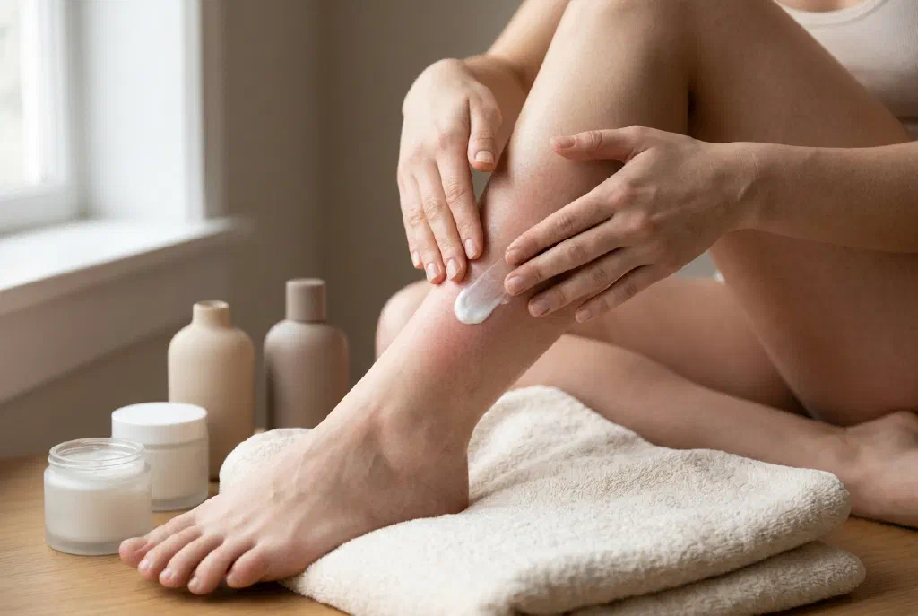 Sản phẩm chăm sóc làm dịu được thoa lên vùng da bị đỏ sau khi tẩy lông