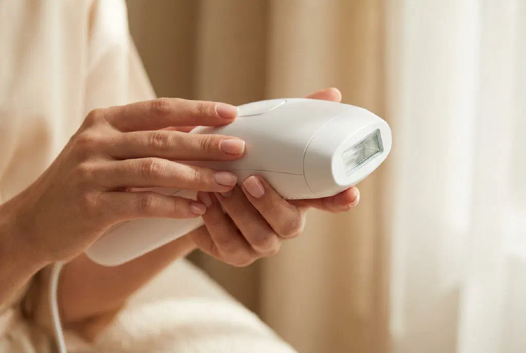IPL hair removal device on the hand against a bright background