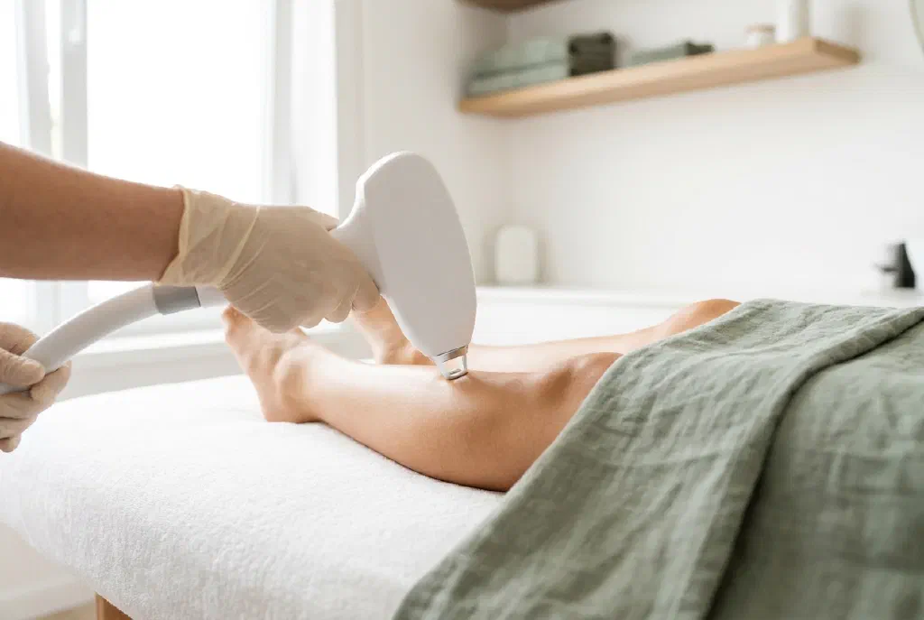 Treatment of the legs with a laser hair removal device in a studio