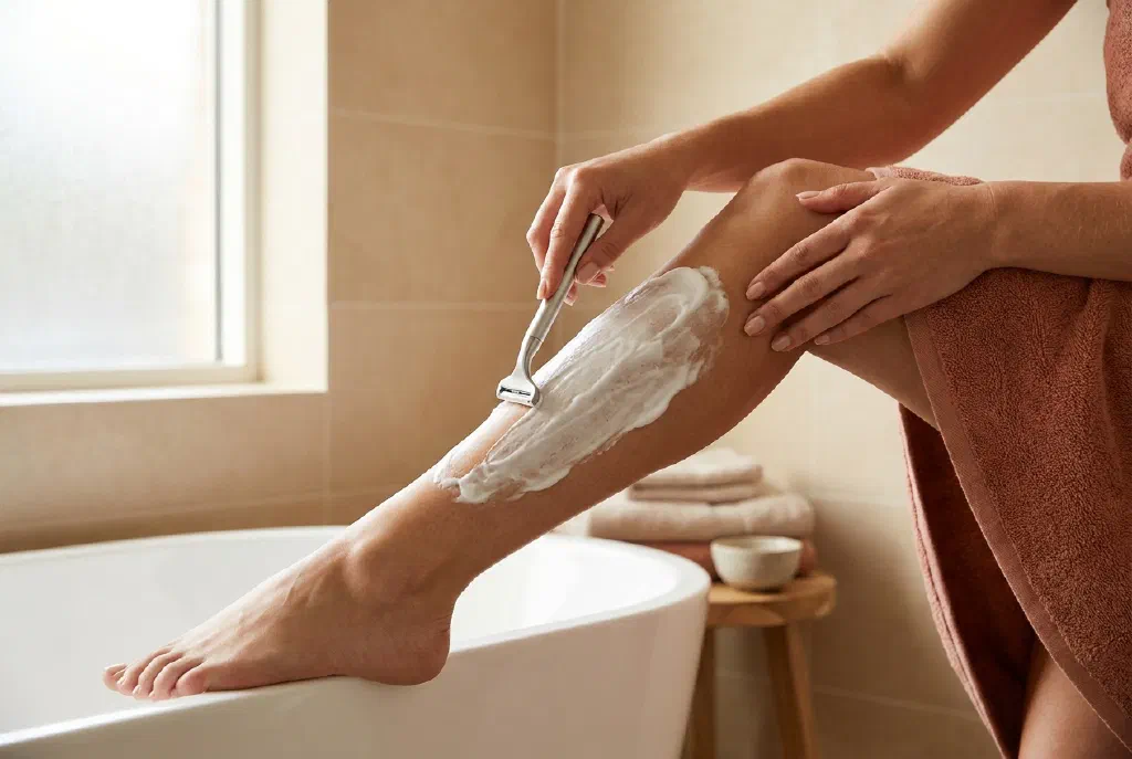 Woman shaving her leg with a wet razor over foamy skin