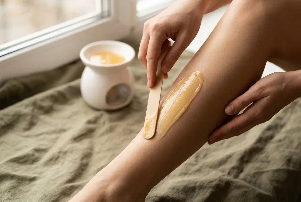 Applying hot wax with a wooden spatula onto smooth skin