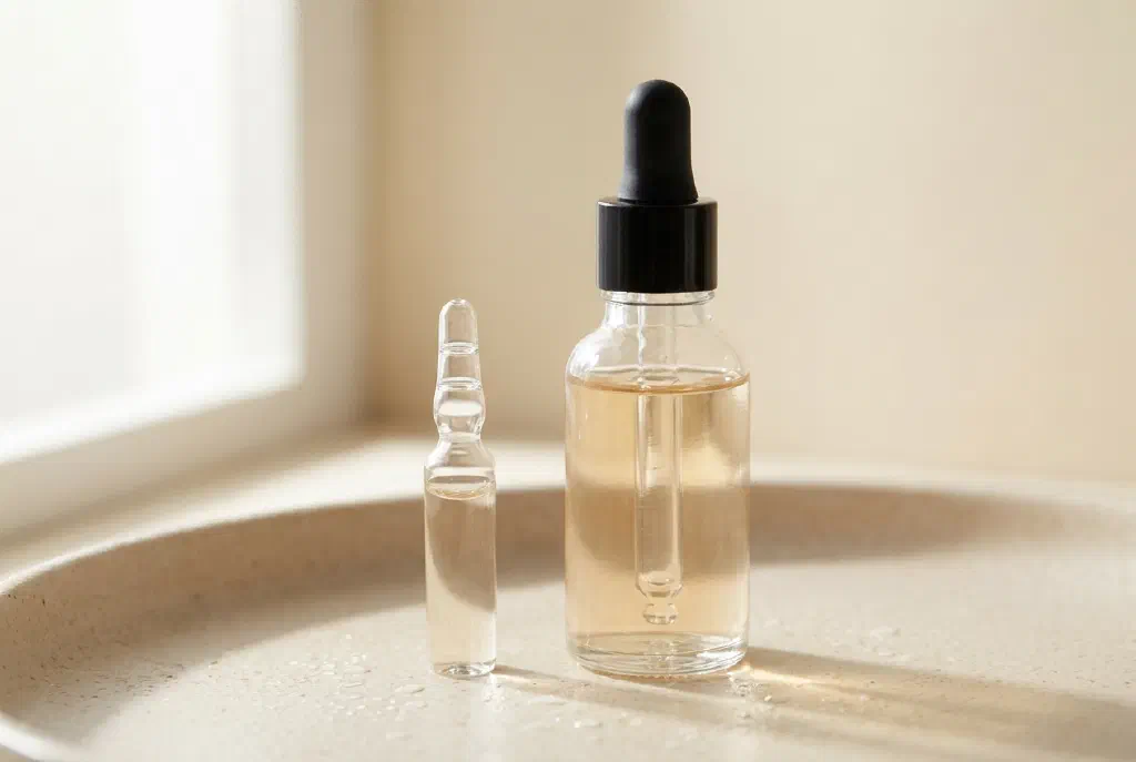 Ống tinh chất thủy tinh và lọ serum kèm ống nhỏ giọt trên nền sáng
