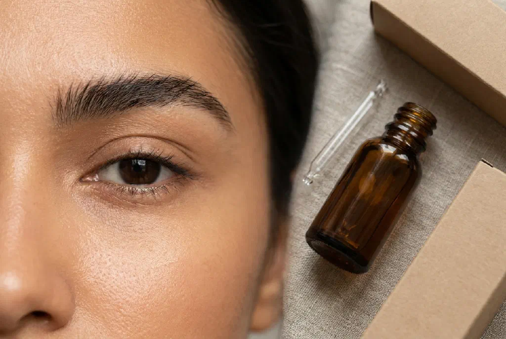 Pipettenflasche mit Augenbrauenserum neben gepflegten Augenbrauen