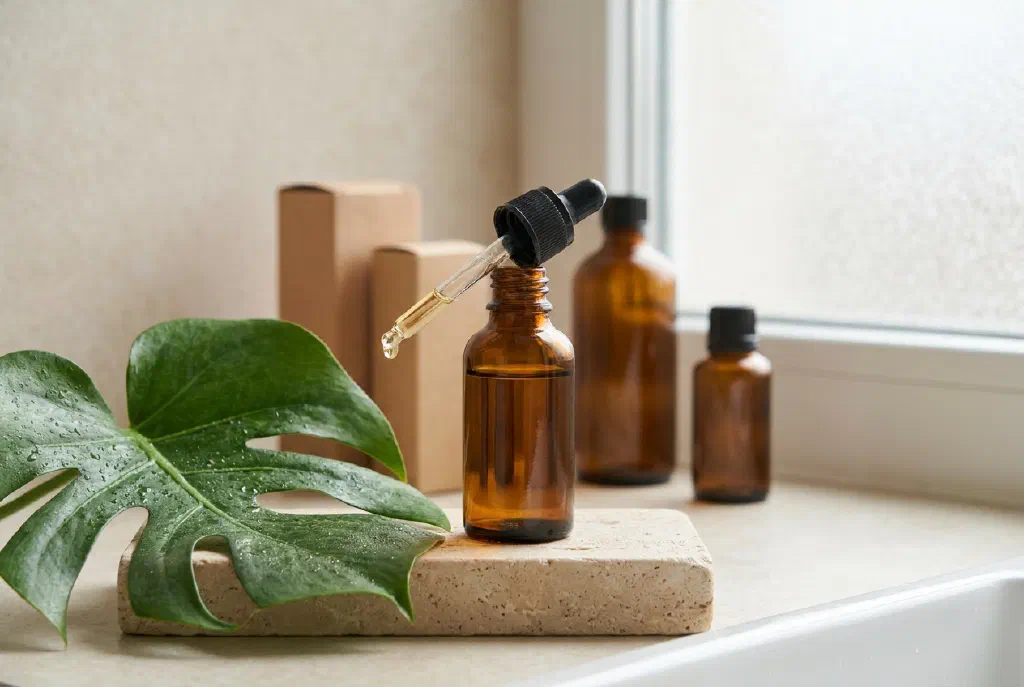Serum chứa bakuchiol trong lọ nhỏ giọt đặt trước một chiếc lá xanh