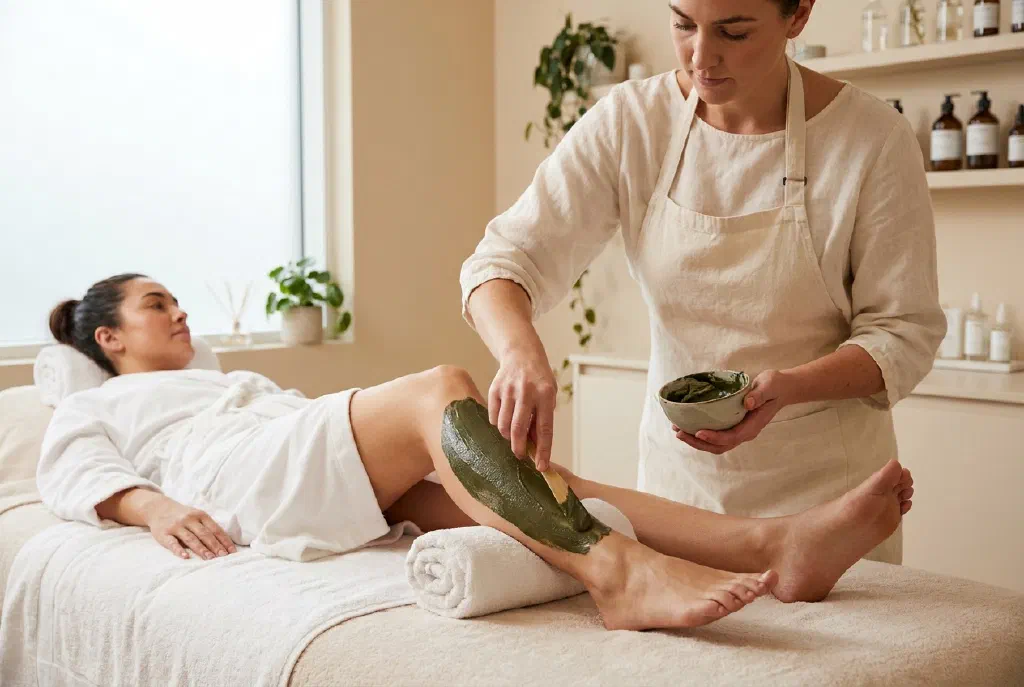 Người phụ nữ đang được quấn nóng cơ thể với hỗn hợp tảo biển tại spa thẩm mỹ