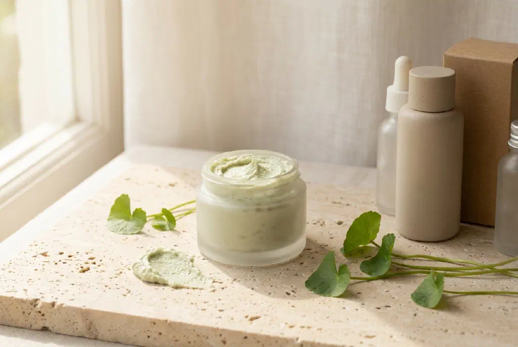 Creamy cica product with green Centella asiatica leaves on a light surface