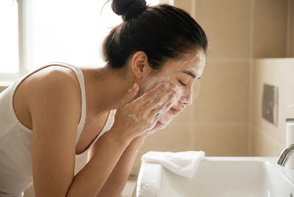 Frau reinigt ihr Gesicht mit Reinigungsschaum am Waschbecken