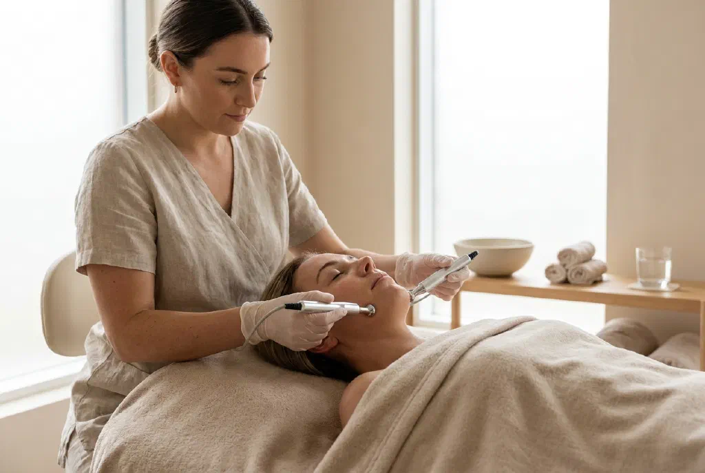 Beautician performing a microcurrent facial treatment with electrodes