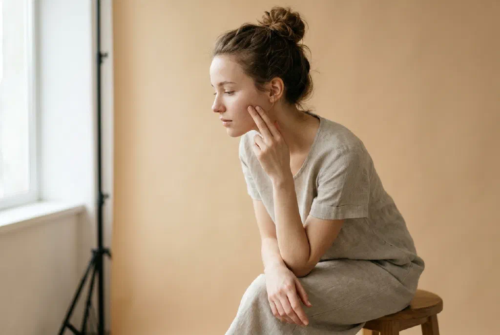 Woman examining her facial skin closely in the mirror