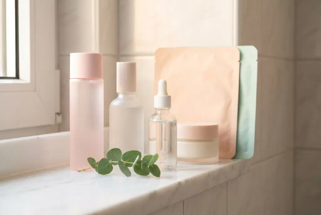 Nhiều sản phẩm chăm sóc da K-beauty nhẹ nhàng xếp theo lớp trên bồn rửa mặt
