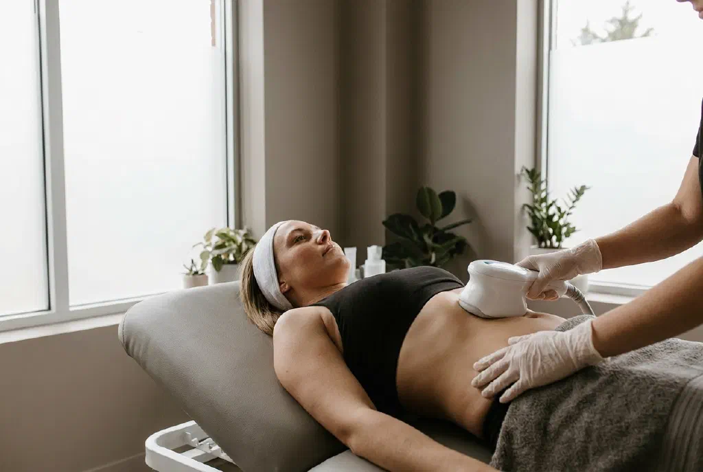 Cold-based body treatment on a problem area in a cosmetic studio