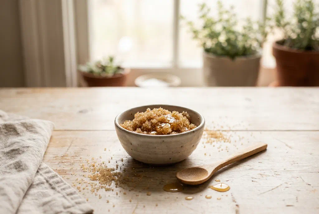 Homemade lip scrub made of sugar and oil in a small bowl