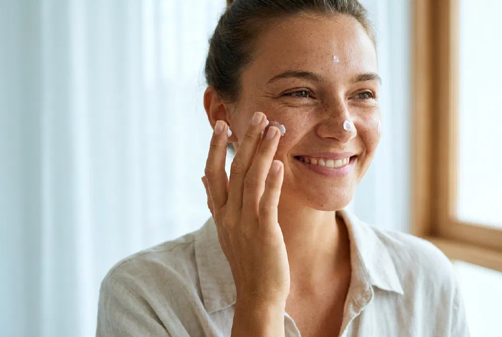 Person applying sunscreen with SPF to their face