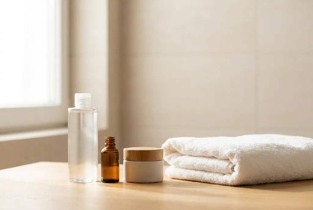 Vài sản phẩm chăm sóc chọn lọc và một chiếc khăn trên bàn rửa mặt sáng màu
