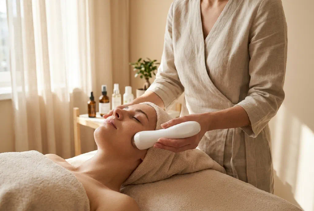 Beautician treating a client's face with a handheld device for needle-free mesotherapy