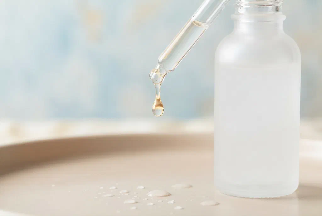 A drop of niacinamide serum on a pipette against light skin