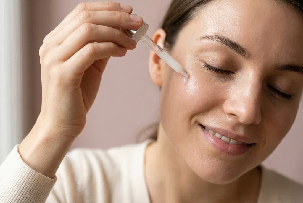 Pipette mit einem Peptid-Serum über heller, gepflegter Gesichtshaut