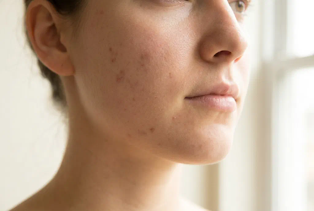 Close-up of a cheek with fading red and brownish acne marks