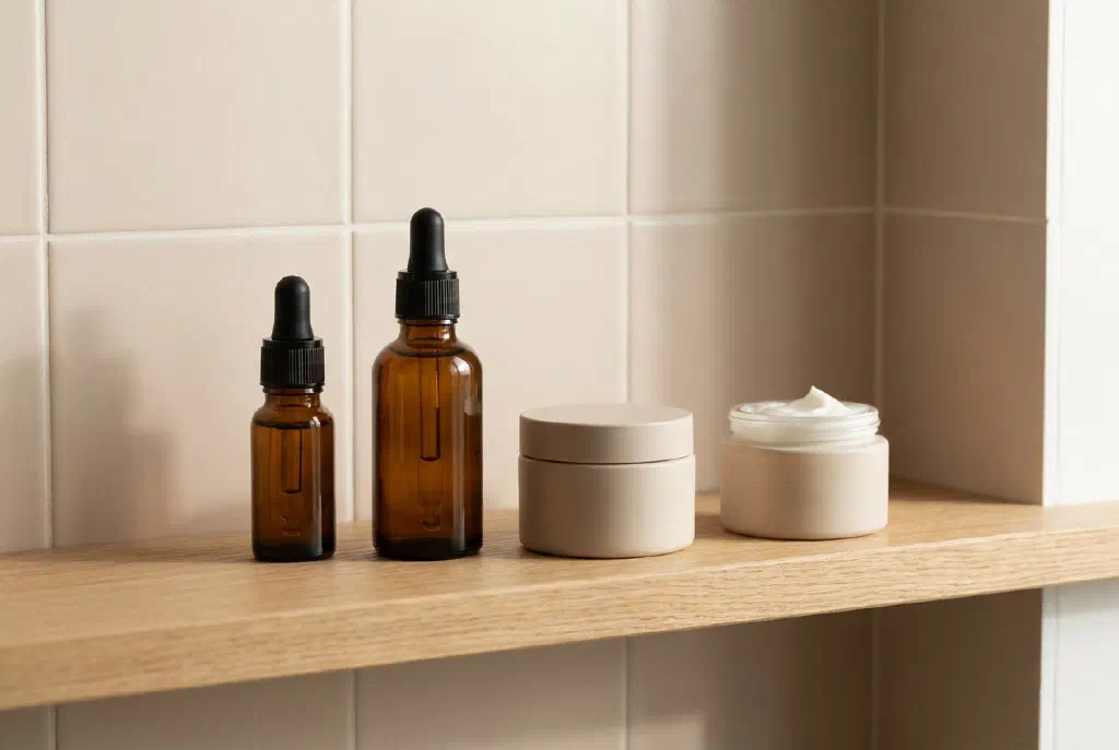 Skincare products with serum and cream on a bright bathroom shelf, arranged for an evening routine