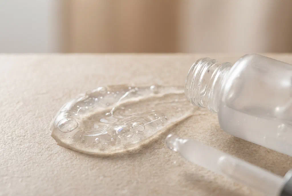 Glossy texture of a snail mucin serum on a light background
