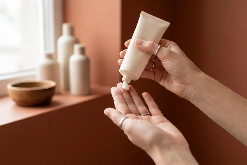 Kem chống nắng cho mặt được bóp từ tuýp ra đầu ngón tay