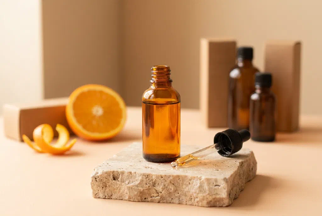 Pipettenflasche mit Vitamin C Serum vor hellem Hintergrund