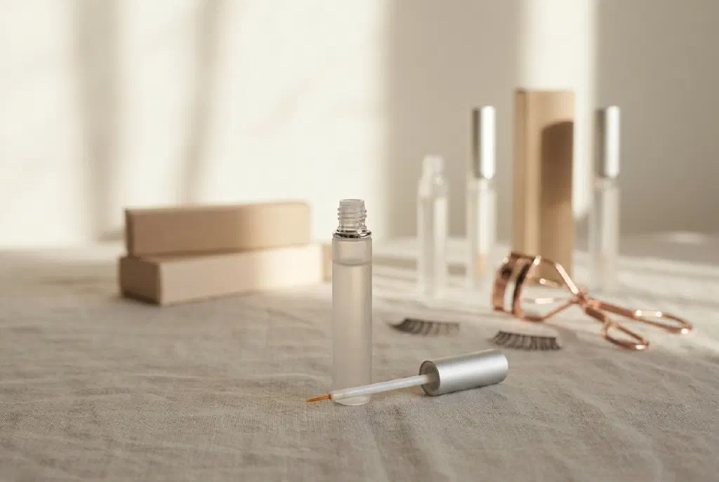 Lọ nhỏ giọt đựng serum dưỡng mi trên nền sáng