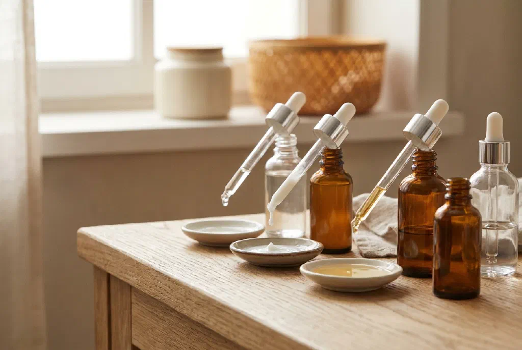 Verschiedene Serum-Pipetten und Pflegeprodukte auf einem hellen Badezimmertisch